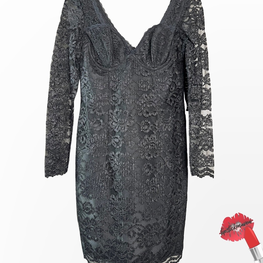 Vintage Moda‎ Int'l Mini Dress Women 10 Little Black Lace Long Sleeve DEADSTOCK